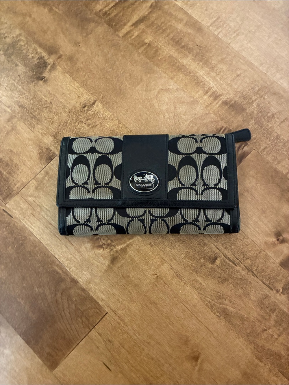 Coach Black and Beige Signature Continental Wallet
